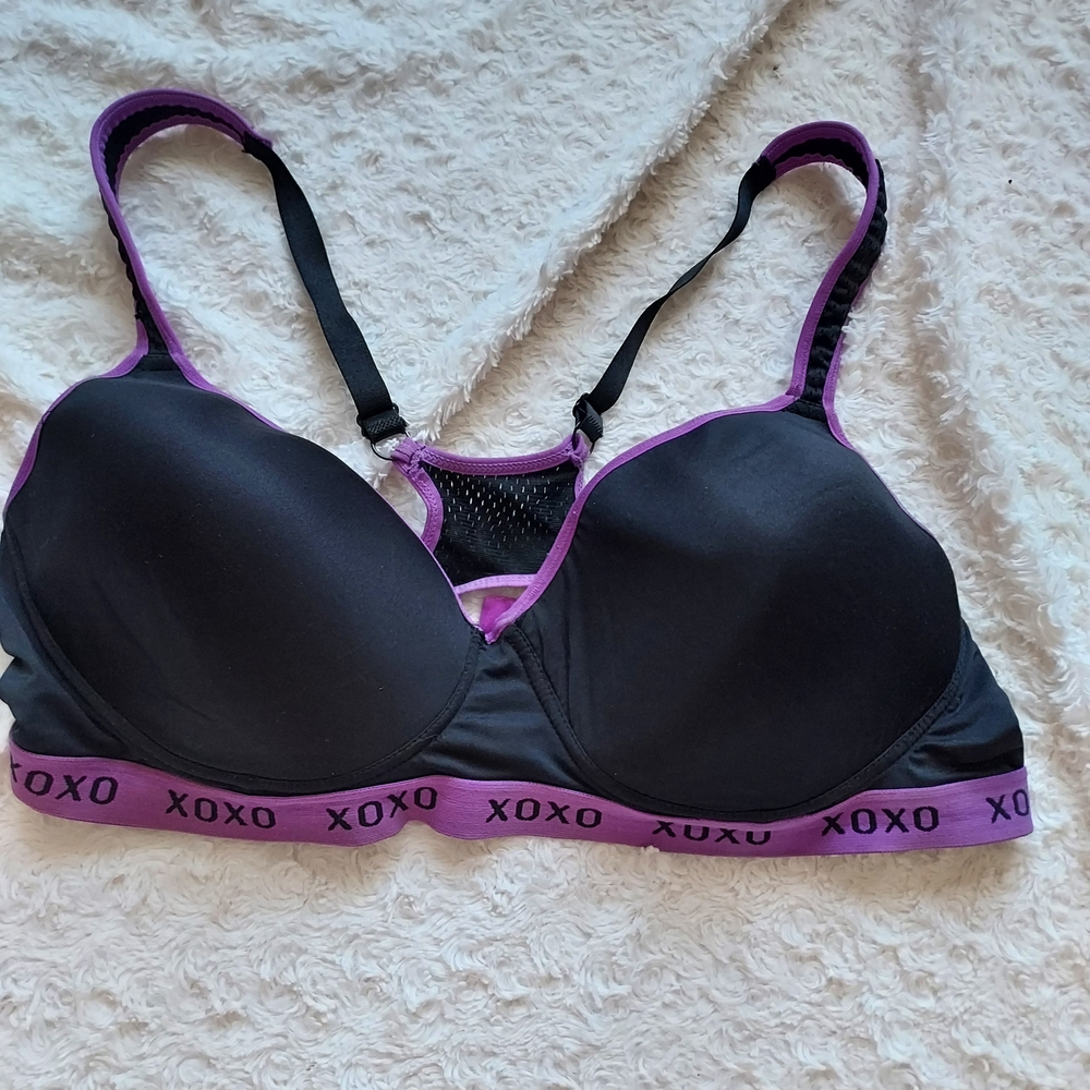 XOXO Black Sport Bra Purple Trim Athletic Yoga Gym Support 40D Comfy